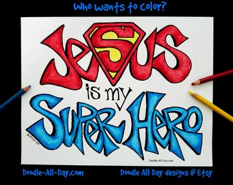 Jesus is my Super Hero coloring page, coloring sheet, digital download, Superhero coloring, Scripture coloring, Bible verse to color