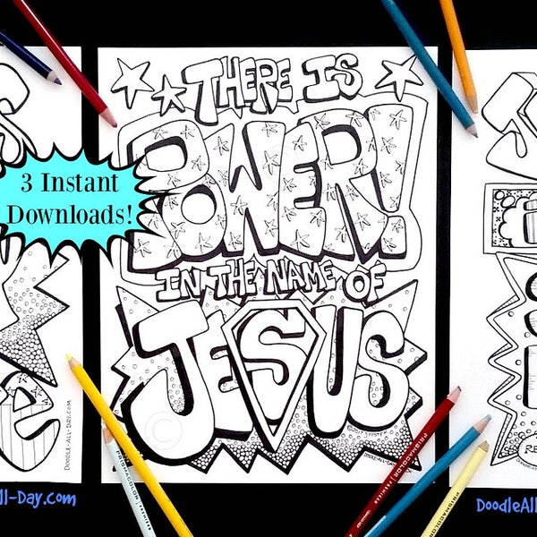 Superhero set of 3 coloring printables, coloring sheet, coloring page, Jesus, Jesus is my superhero, digital download, Bible hero
