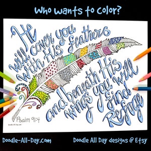 He will cover you with His Feathers coloring sheet, Psalm 91:4, scripture coloring, coloring page, bible coloring, digital download