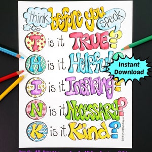 Puede incluir: Una página para colorear imprimible con el texto "Piensa antes de hablar" y una lista de preguntas: "¿Es verdad? ¿Es útil? ¿Es inspirador? ¿Es necesario? ¿Es amable?" Cada pregunta está escrita en una letra grande y colorida con un círculo más pequeño que contiene la misma letra con un patrón dentro. La página se titula "¿Quién quiere colorear?" e incluye la dirección del sitio web "Doodle-All-Day.com" y "Doodle All Day Designs @ Etsy".