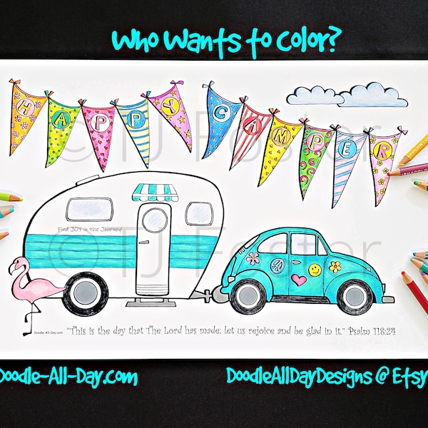 Happy Camper coloring page, camping coloring printable, summer coloring digital download
