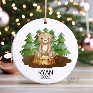 Personalized Kids Bear Ornament - Baby Bear Ornament - Woodland Ornament - Personalized Kids Ornament - Custom Ornament - Boy's Ornament