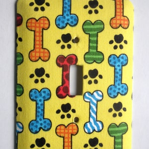 Dog Bones and Paw Prints on Yellow Background Single Light Switch Plate Switchplate image 2