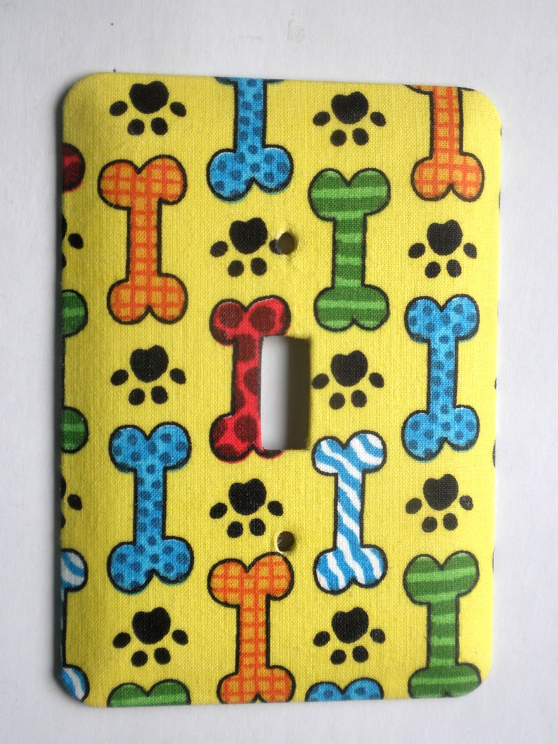 Dog Bones and Paw Prints on Yellow Background Single Light Switch Plate Switchplate image 2