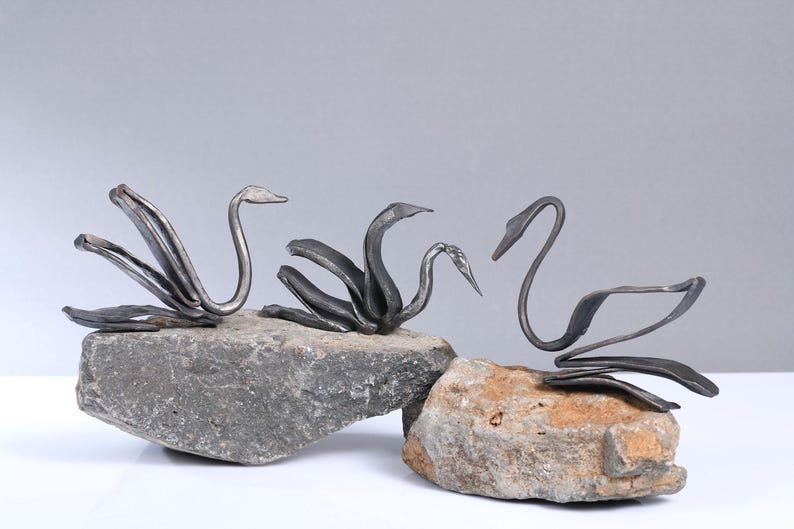 Hand-Forged Iron Swan Sculpture: Rustic Blacksmith Decor