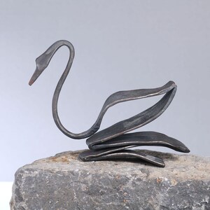 Hand-Forged Iron Swan Sculpture: Rustic Blacksmith Decor