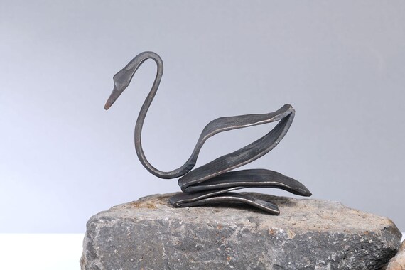 Hand-Forged Iron Swan Sculpture: Rustic Blacksmith Decor