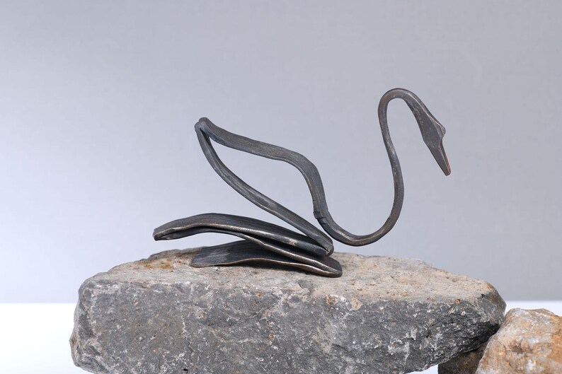 Hand-Forged Iron Swan Sculpture: Rustic Blacksmith Decor