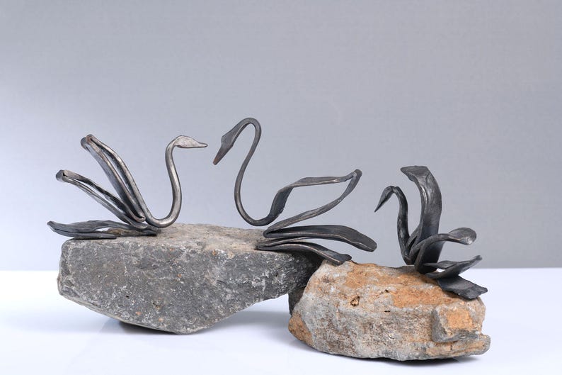 Hand-Forged Iron Swan Sculpture: Rustic Blacksmith Decor