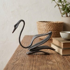 Hand-Forged Iron Swan Sculpture: Rustic Blacksmith Decor