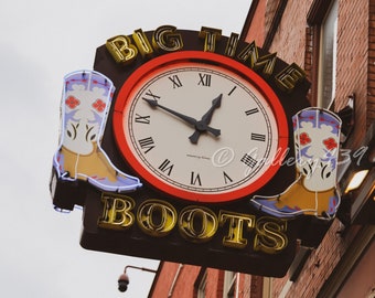 Nashville Sign Big Time Boots Cowboy Neon Broadway Sign Fine Art Photograph Print Photography, Black and White, Color Unframed Wall Art