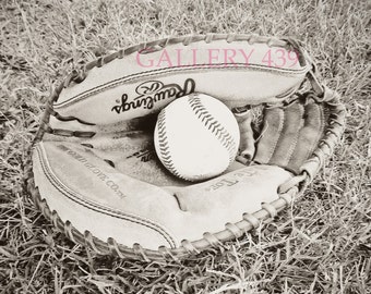 May include: A black and white photo of a baseball glove with a baseball inside. The glove is labeled "The Gold Glove Co. TM" and "Rawlings." The glove is sitting on a bed of dry grass.