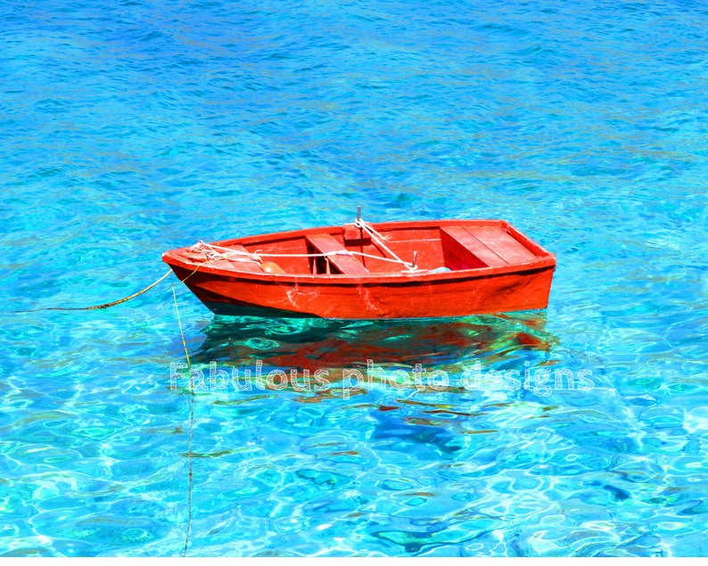 8x10 Red Boat in Turquoise Waters of Greece Fine Art Photograph Travel Photography Mediterranean Home Decor Print image 1