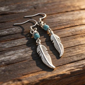 Silberne Feder-Ohrringe: Türkis-Edelstein, Edelstahl-Haken