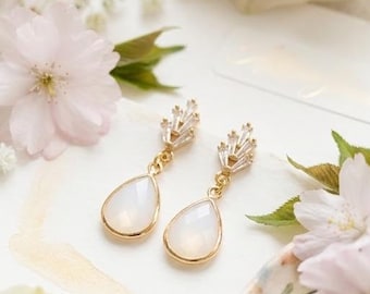 18k Gold Art Deco Earrings: Zirconia & Glass Teardrop, 1920s Style