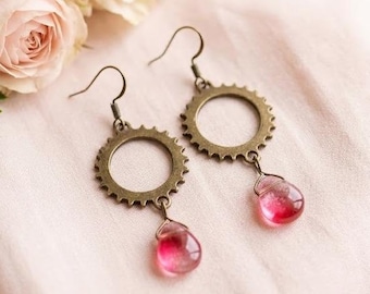 Steampunk Cog Earrings: Antiqued Bronze Gear Dangle with Glass
