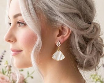 Art Deco Mother of Pearl Fan Earrings: Gold Plated Bridal Jewelry