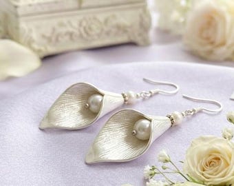 Silver Plated Calla Lily Earrings: Glass Pearl Dangle Earrings