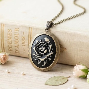 Schwarze Rose Cameo Locket Halskette: Bronze Oval Anhänger, lange Kette