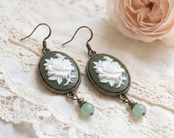 Green Rose Cameo Earrings: Aventurine Beads, Vintage Style