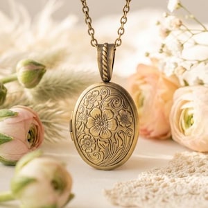 Floral Locket Necklace: Vintage Bronze Oval Keepsake