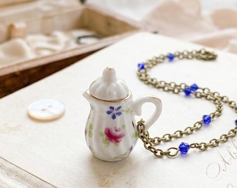 Vintage Porcelain Teapot Necklace: Floral Whimsical Jewelry