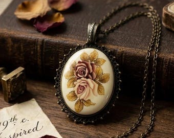 Vintage Rose Cameo Necklace: Antiqued Bronze Floral Pendant