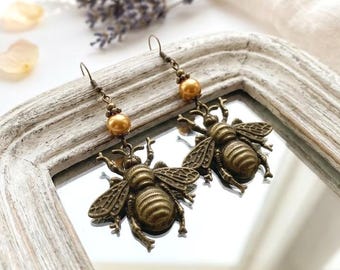 Large Bronze Bee Earrings with Gold Glass Pearls