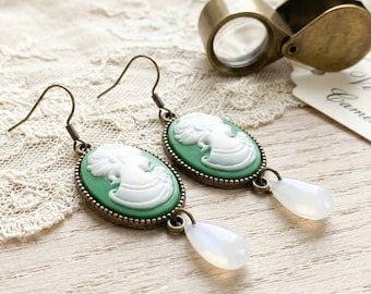 Green Cameo Earrings: White Glass Beads, Vintage Inspired