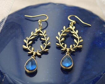 18k Gold Plated Laurel Wreath Earrings with Blue Glass
