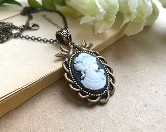 Beautiful Black Lady Cameo Necklace, Vintage Inspired Cameo Necklace, Gift for Mom, Bird Cameo Pendant, Victorian Jewelry, Elegant Necklace