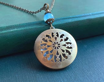 Filigree Locket Necklace: Blue Jade Gemstone, Celtic Keepsake