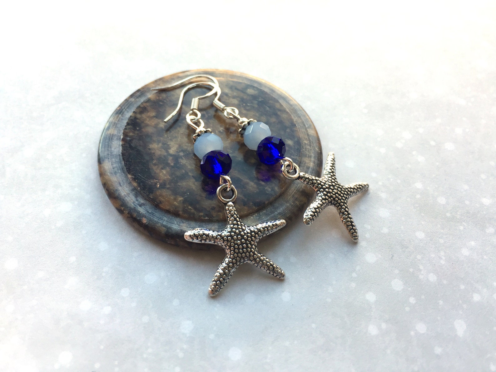 Silver Starfish Earrings With Blue Glass Beads and Sterling - Etsy