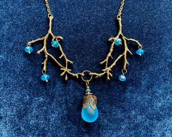 Collier forêt enchantée, collier plastron, collier en cascade, collier branche, collier brindille, bijoux nature vintage, collier, bleu