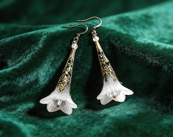 Filigree Bell Flower Earrings: Long Antiqued Bronze Floral Jewelry