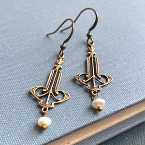 Art Nouveau Dangle Earrings: Bronze & Freshwater Pearls, Handmade