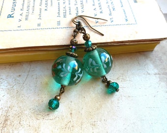 Teal glass earrings with recycled lampwork beads, Selma Dreams bohemian earrings, Boho earrings, unique earrings, recycled earrings