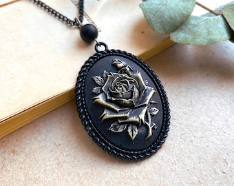 Gothic Black and Gold Rose Cameo Necklace, Selma Dreams, Gothic Jewelry, Black and Gold Cameo, Rose Cameo Necklace, Gothic Necklace