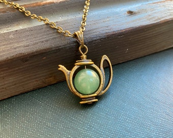 Teapot Necklace with a Green Aventurine Gemstone Bead, Alice in Wonderland Inspired, Green Aventurine Necklace, Fun Necklace, Whimsical Fun