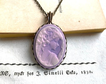 Beautiful purple cameo necklace, Selma Dreams, purple cameo necklace, fairy necklace, long brass chain, fairy jewelry, gifts for her