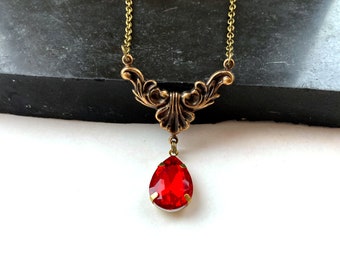 Art Nouveau necklace, ruby red, teardrop glass pendant, Selma Dreams, Art Nouveau jewelry, vintage necklace, Downton Abbey inspired, dainty