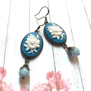 Vintage Inspired Rose Cameo Earrings with Blue Jade Beads, Selma Dreams, Victorian Earrings, Traditional Cameo, Blue Cameo, Rose Cameo image 2