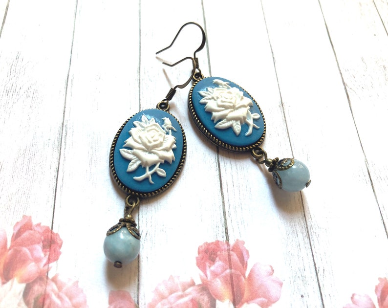 Vintage Inspired Rose Cameo Earrings with Blue Jade Beads, Selma Dreams, Victorian Earrings, Traditional Cameo, Blue Cameo, Rose Cameo image 2