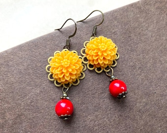 Lovely Dahlia Earrings with Red Coral Gemstone Pearls, Selma Dreams, Autumn Jewelry, Fall Jewelry, Fall Colours, Gifts Under 25, Gift Ideas