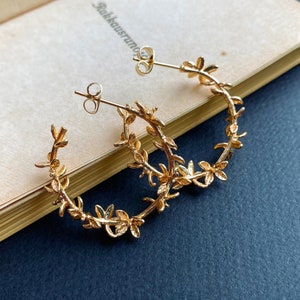 Gold Plated Hoop Earrings, Wreath Hoop Earrings, Twig Branch Earrings, Olive Branch Earrings, Nature Plant Leaf Earrings, Woodland Earrings