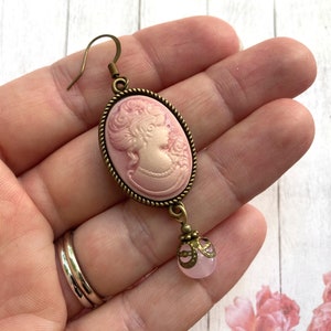 Pink cameo earrings, traditional cameo, pink filigree, Selma Dreams, vintage dangle earrings, Victorian jewelry, pink lady cameo, gifts image 2