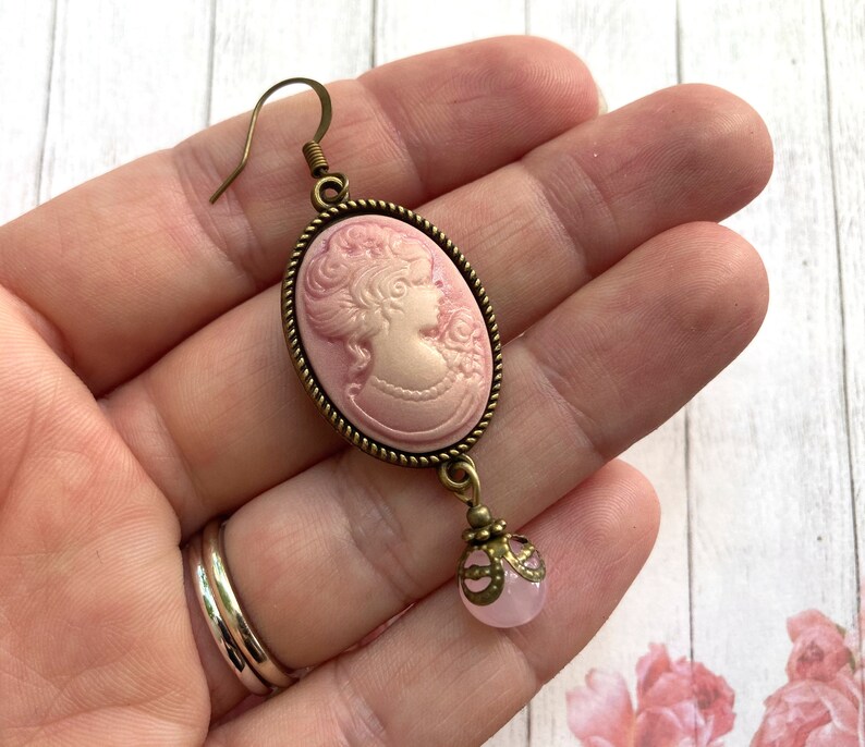 Pink cameo earrings, traditional cameo, pink filigree, Selma Dreams, vintage dangle earrings, Victorian jewelry, pink lady cameo, gifts image 2