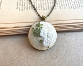 Handmade embroidered necklace, cotton necklace, bespoke gifts, unique necklace, nature jewelry, flower pendant, floral necklace, embroidery