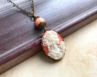 Pink cameo necklace with a pink coral gemstone pearl, Selma Dreams, traditional cameo, Victorian necklace, lady cameo necklace, gift ideas