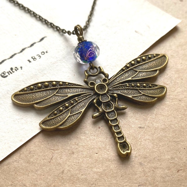 Beautiful Dragonfly Necklace with a Blue Lampwork Glass Bead, Vintage Dragonfly, Dragonfly Pendant, Gifts Under 25, Boho Necklace